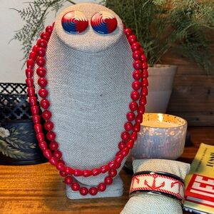 Vintage Red Beaded Necklace, Bracelet and Earring Set (4pc)